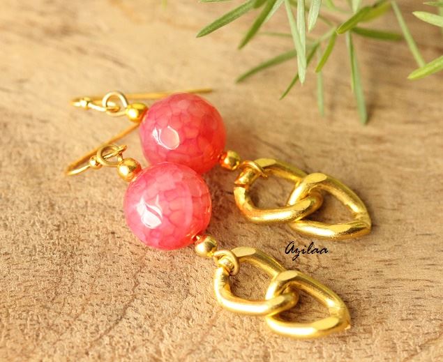 pink beaded gold chain earrings