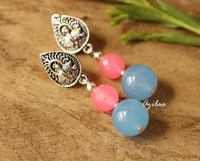 pink blue gemstone silver post earrings