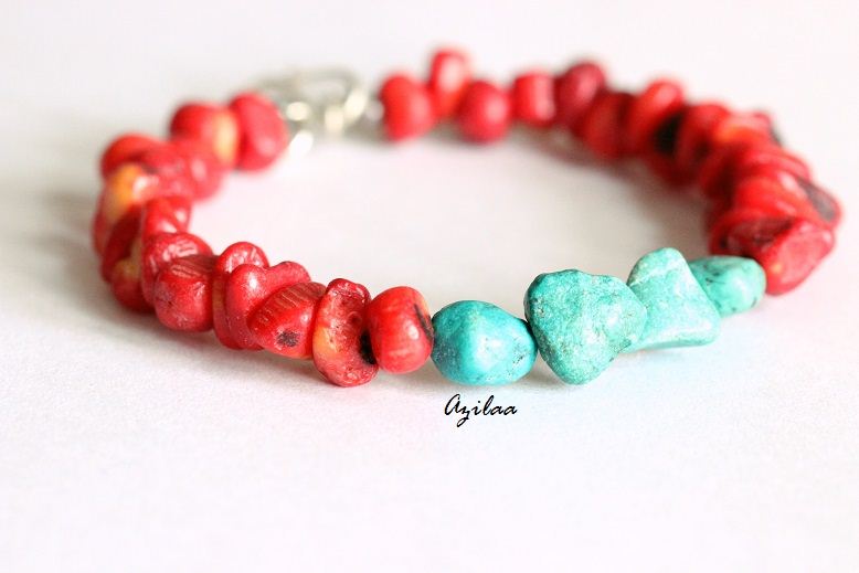 turquoise coral gemstone silver handmade bracelet