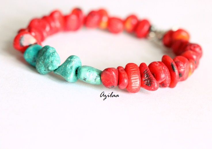turquoise coral gemstone silver handmade bracelet